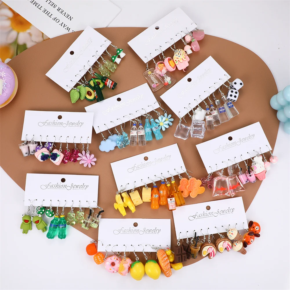 Funny Cartoon Colorful Design Earrings Set for Women Boho Cute Food Drink Fruit Dangle Earring Sweet Cool Girls Party Jewelry