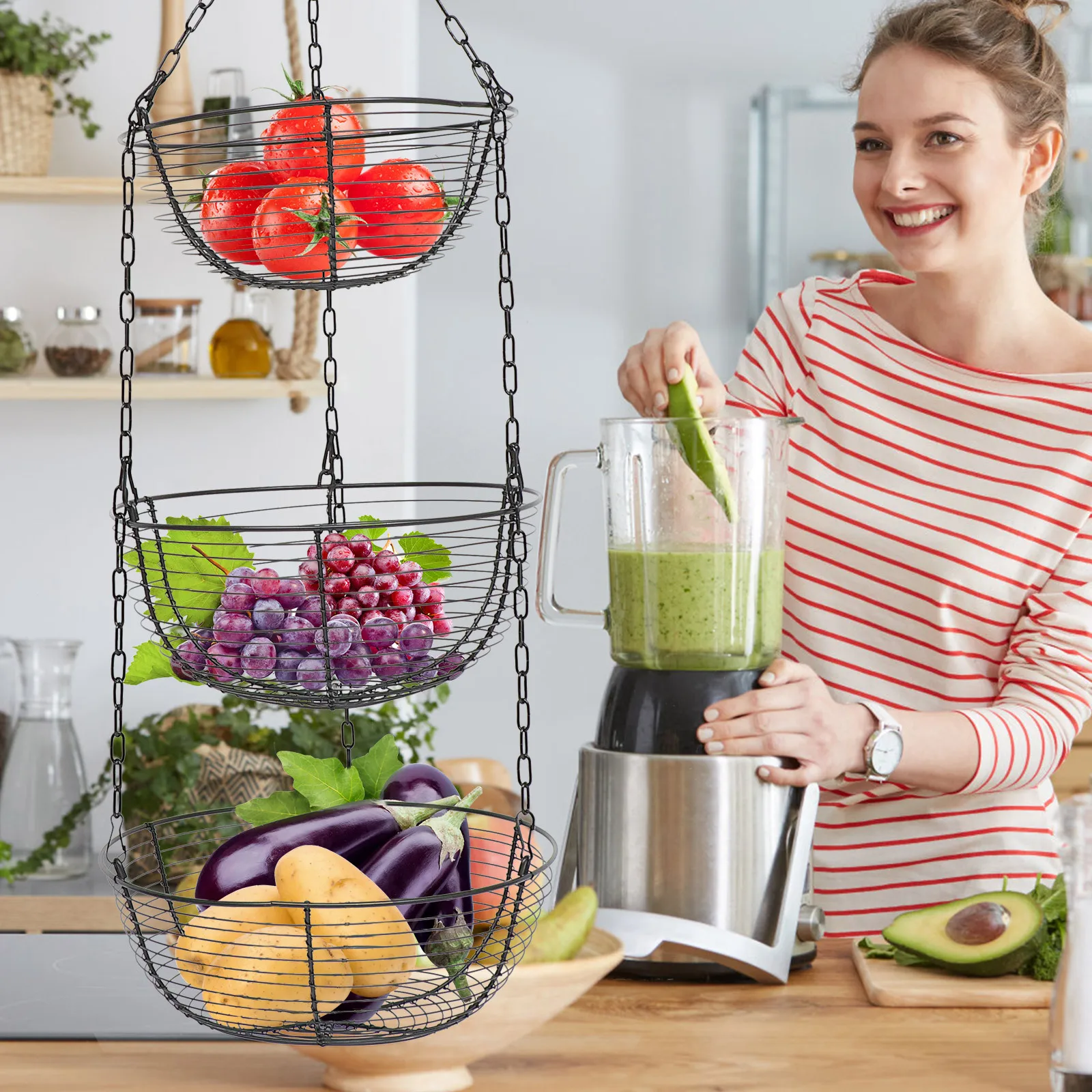 

1Pcs Iron Art Fruit Basket Three Layers Black Hollow Hanging Storage for Fruits Snacks Home Kitchen Dining Room Use