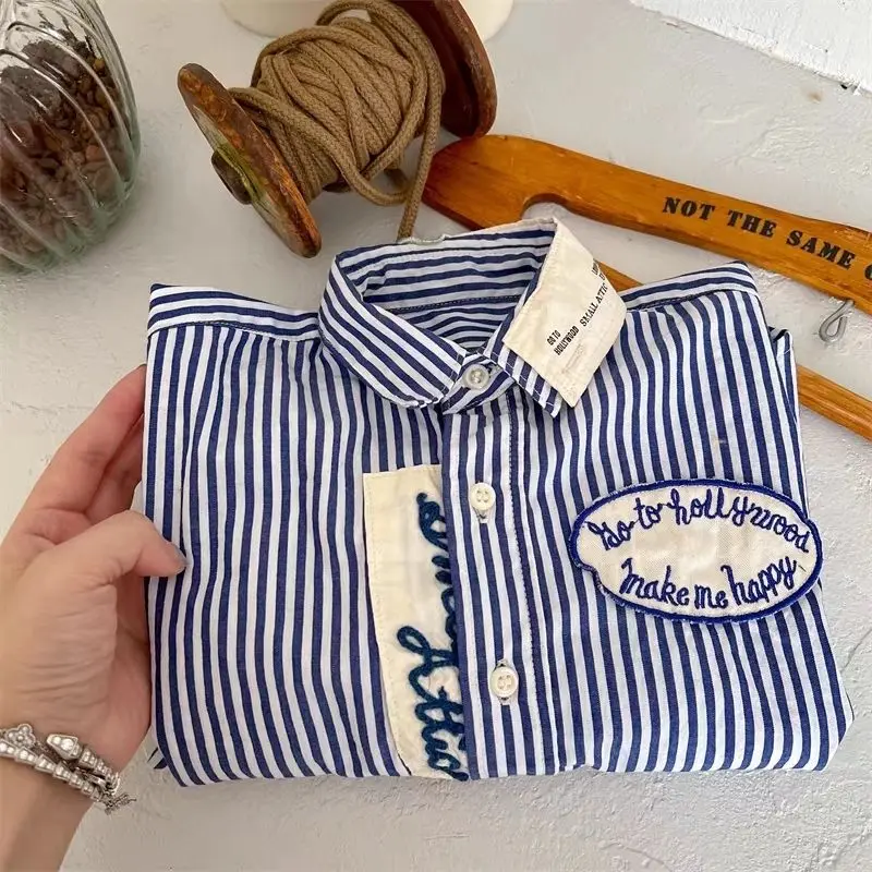 Children\'s Cotton Shirt 2024 Autumn New Boys and Girls Korean Edition Pure Cotton Stripe Long Sleeve Top Baby Polo Neck Shirt