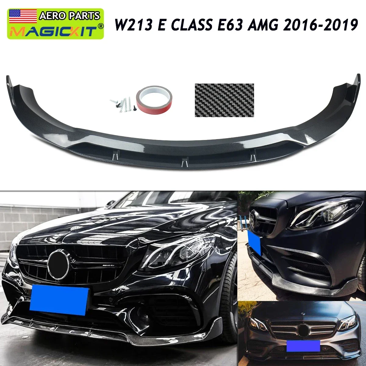 Car Front Bumper Lip Front Shovel Exterior Canard Splitter For Mercedes Benz W213 E63 E Class  AMG 2016-2019 Carbon Fiber Look