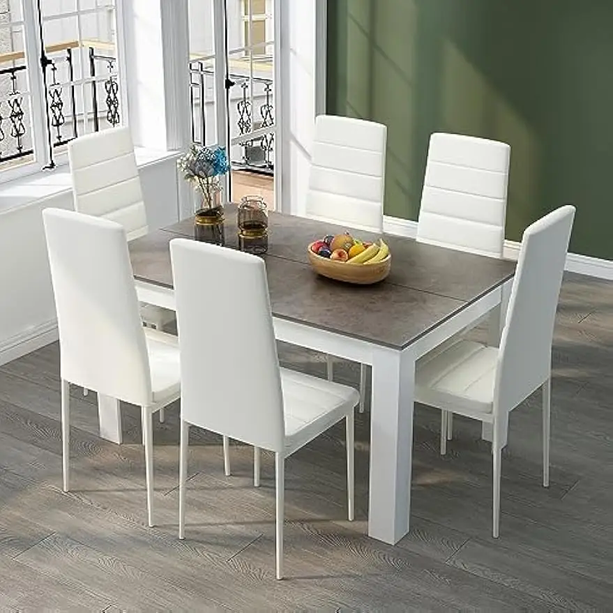 Dining Table and Chairs Set 6, 7 Pieces Kitchen Table Set with High Back Faux Leather Chair for Dining Room Kitchen Rectangular image 6