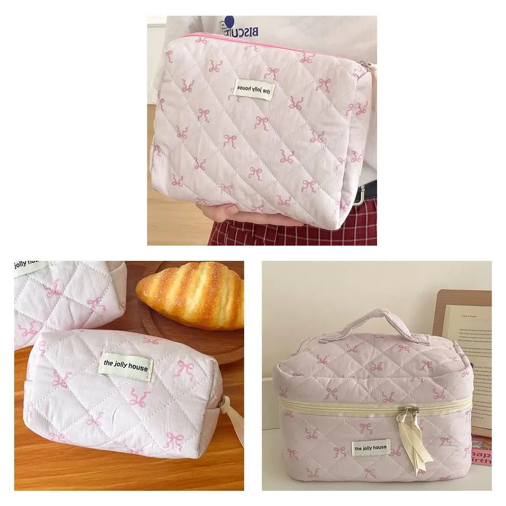 Pink Bowknot Quilting Women Cosmetic Bag Portable Zipper Makeup Travel Organizer borsa da toilette per donna per ragazze