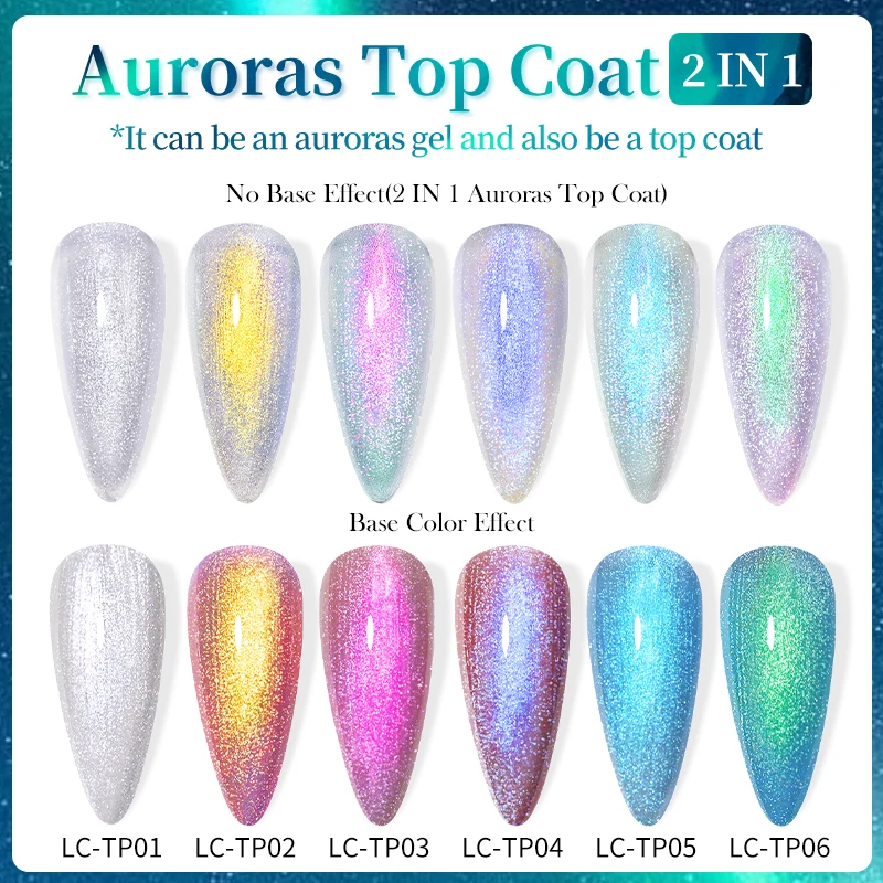LILYCUTE 6 botellas/juego Aurora Glitter Top Coat Gel Esmalte de uñas 2 en 1 brillante efecto precioso para diseño de manicura