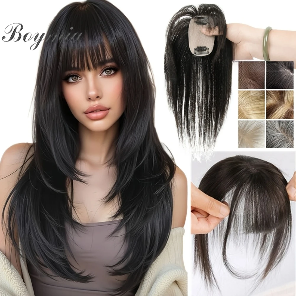 Real Human Hair Topper | 5x9cm Clip In Hair Toppers with Bangs, Brown to Light Blonde, Natural Straight Hair for Women Covering White Hair,Add Hair Volume,Hair Toppers with Bangs,Invisible Hair,Black/Brown/Blonde Hair Pieces