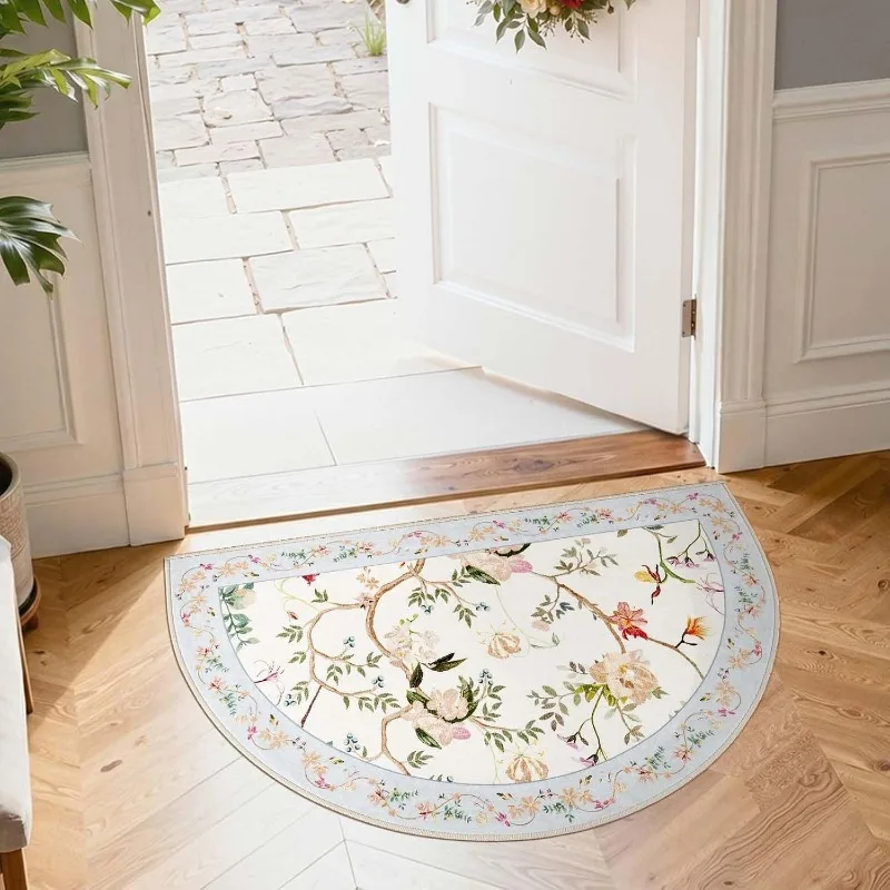 Vintage Floral Bird Half Round Doormat Pink Border Botanical Print Cottage Home Decor Non-Slip Entryway Rug for Hallway