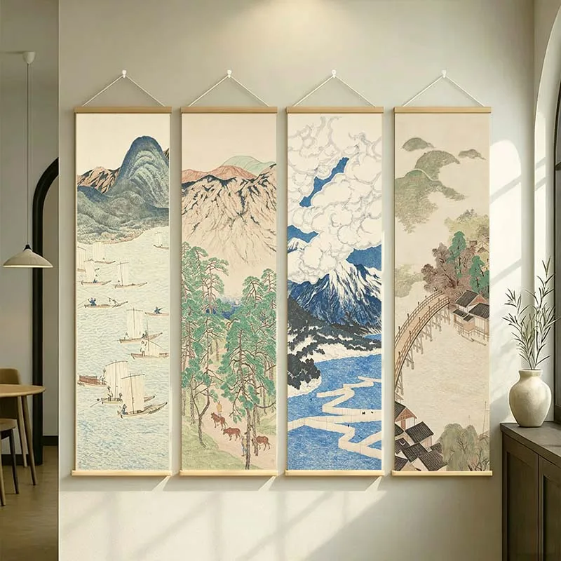 Wall Art Home Decor Ukiyo‑e Japanese Landscape Hanging Scroll Set of Vintage Japandi Painting for Living Room Tea Room Study
