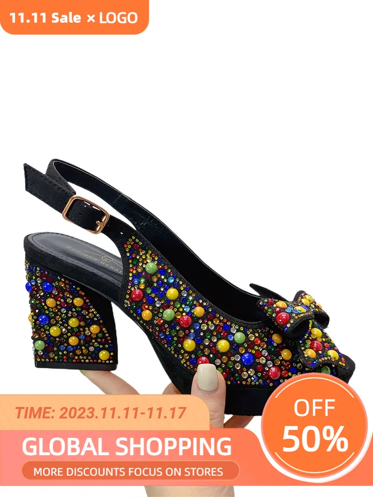 2023 Latest Colorful Hollow out High Heels Crystal Diamond Bohemian Dot Design Party Women's Shoes African Fashion Wedding Shoes