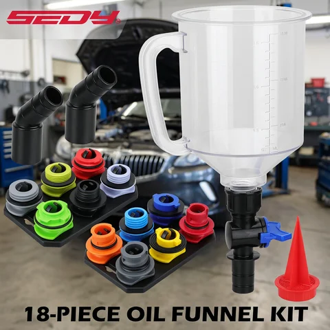 18-Piece Engine Oil Funnel Set, 1.59 Qt Automotive Oil Funnel Kit with 12 Adapters, Elbow Fitting, Arrow Screen Magnetic Storage