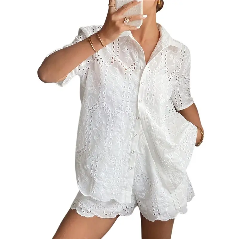 

CYL-Women Shorts Set 2 Piece Outfits Short Sleeve Button Down Top And Shorts Set White S