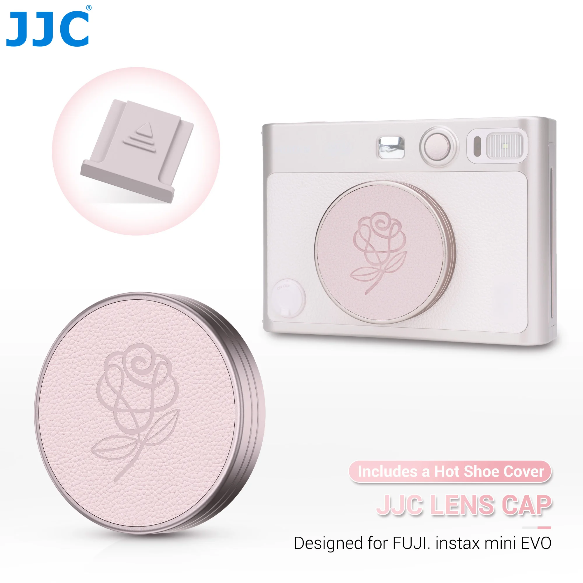 

JJC Retro Pink Lens Cap For Fujifilm Fuji Insta Mini EVO Accessories with Pink Hot Shoe Cover Leather Lens Cover Anti-Scratches