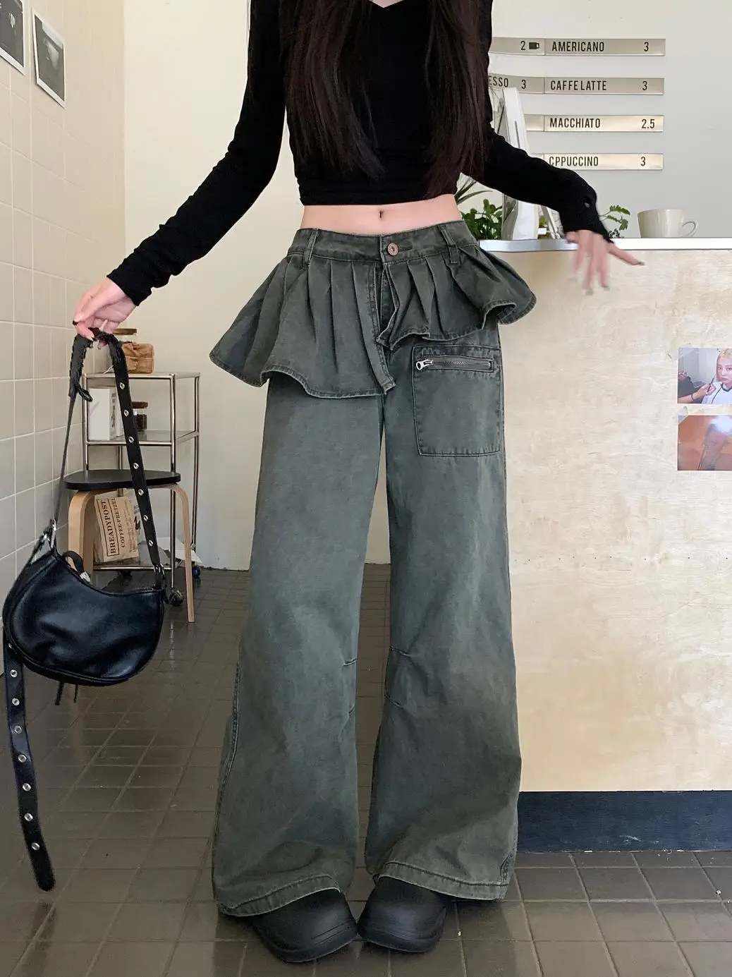 FIGOHR Korean Vintage Pleated Skirt Cover Jeans Y2k High Waist Baggy Denim Pants women high street Wide Leg Trousers