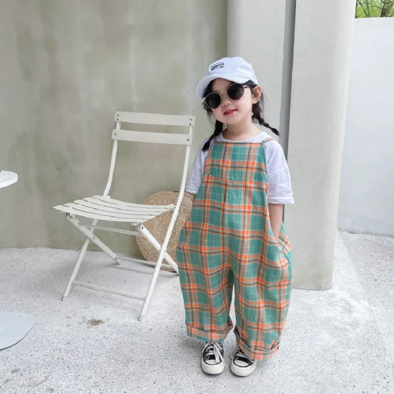 

Summer Baby and Girls Cotton Sweet Plaid Oversized Adjustable Suspender Bodysuits Kids Jumpsuits Children Overalls Outfits 2-8Yr