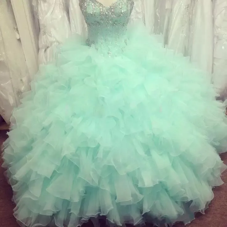 

ANGELSBRIDEP Mint Sweetheart Ball Gown Quinceanera Dresses Vestidos De 15 Anos Crystal Organza Formal Princess Party Prom Gowns