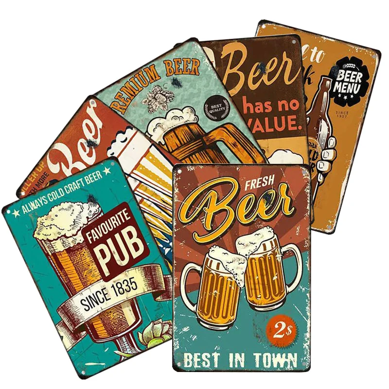 Set of 6 Retro Metal Beer Signs - Vintage Wall Plaques for Patio, Club, Pub, Bar Decor - Unique Metal Wall Decorations 20.32x30.