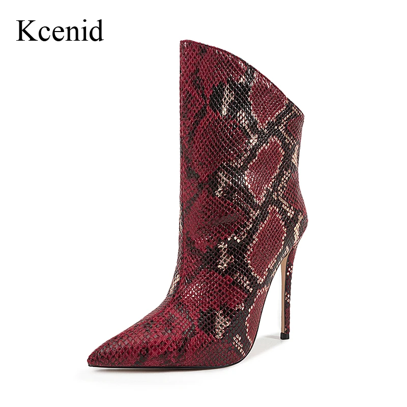 

Kcenid/модные пикантные ботильоны на высоком каблуке со змеиным принтом, женские повседневные зимние элегантные современные ботинки с острым носком, большие размеры 35-47