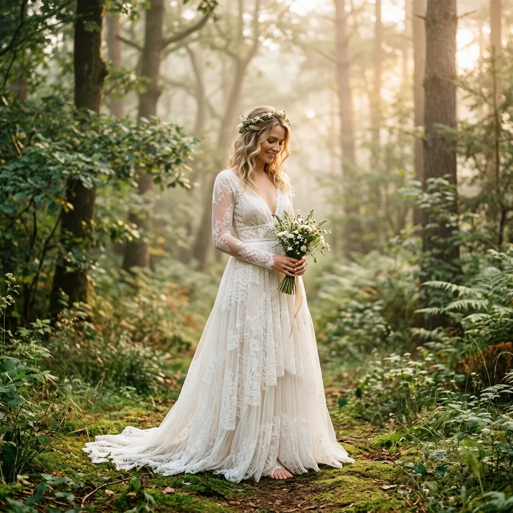 Bohemian Deep V Neck Long Sleeve Tiered Lace A Line Wedding Dress Forest Bridal Gown