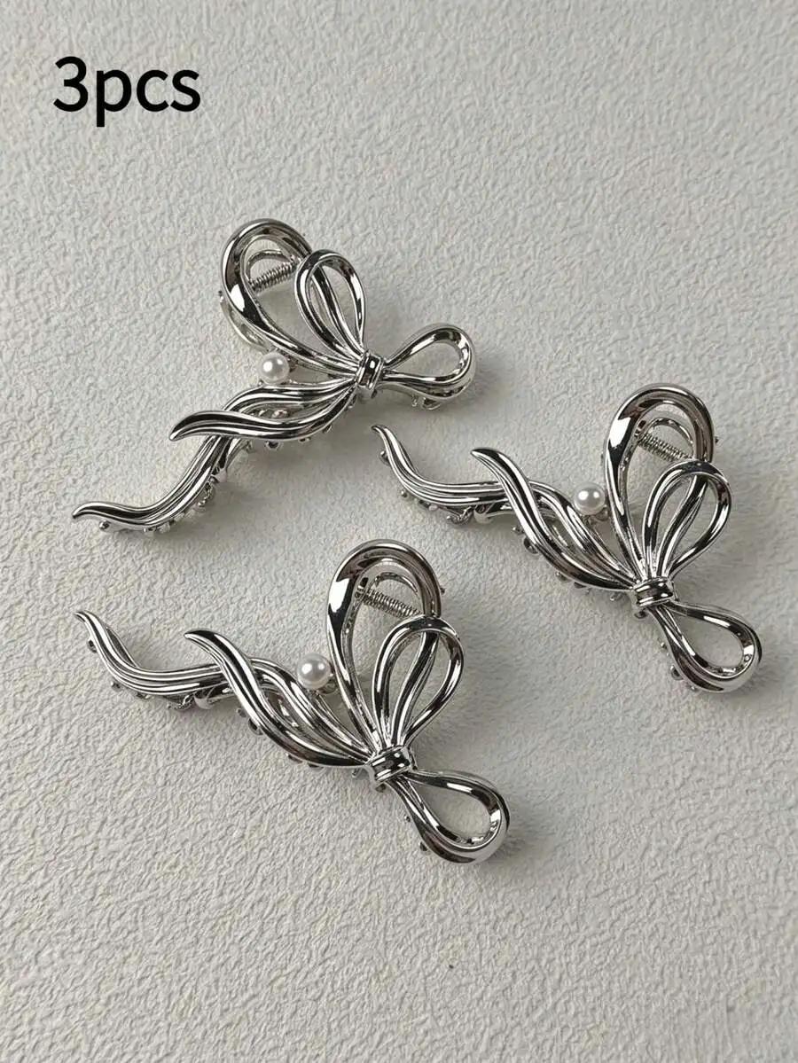 

3pcs Womens Metallic Bow Hair Clips With Faux Pearl Decorative Claw Clips For Everyday Wear