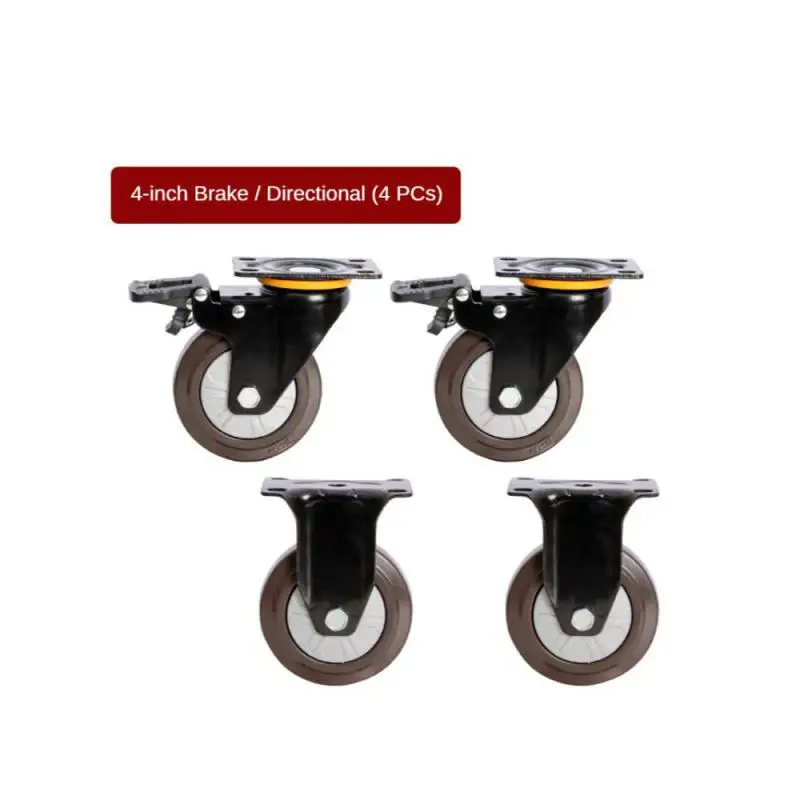 (4 Packs) 4 Inch Wheel Heavy Duty Caster Universal Flat Rubber Trolley Silent Directional Brake