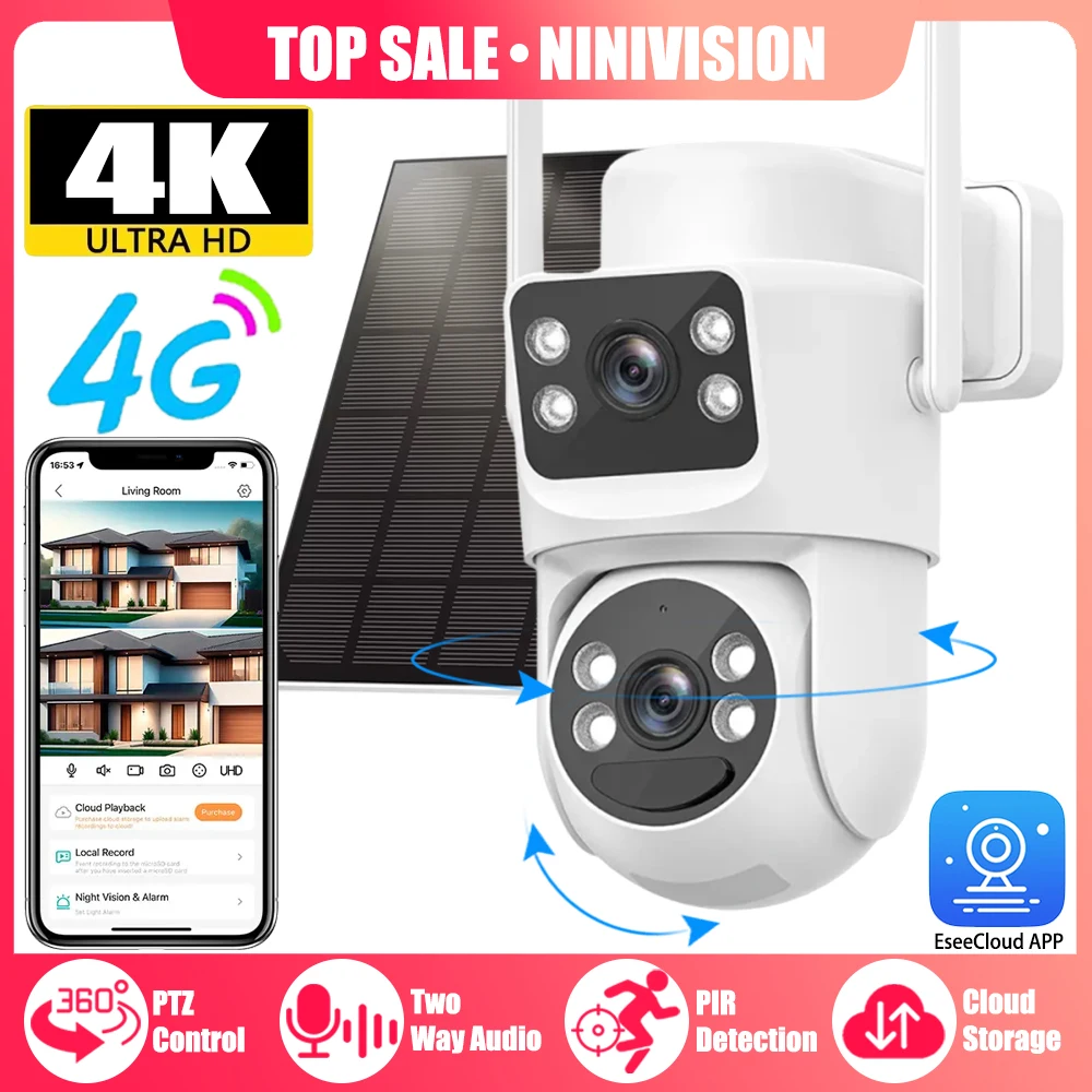 8MP 4K 4G SIM Card Two lens Smart Solar Powered Security Camera Two Way Audio Outdoor CCTV Camera PIR Detection For Farm Orchard
