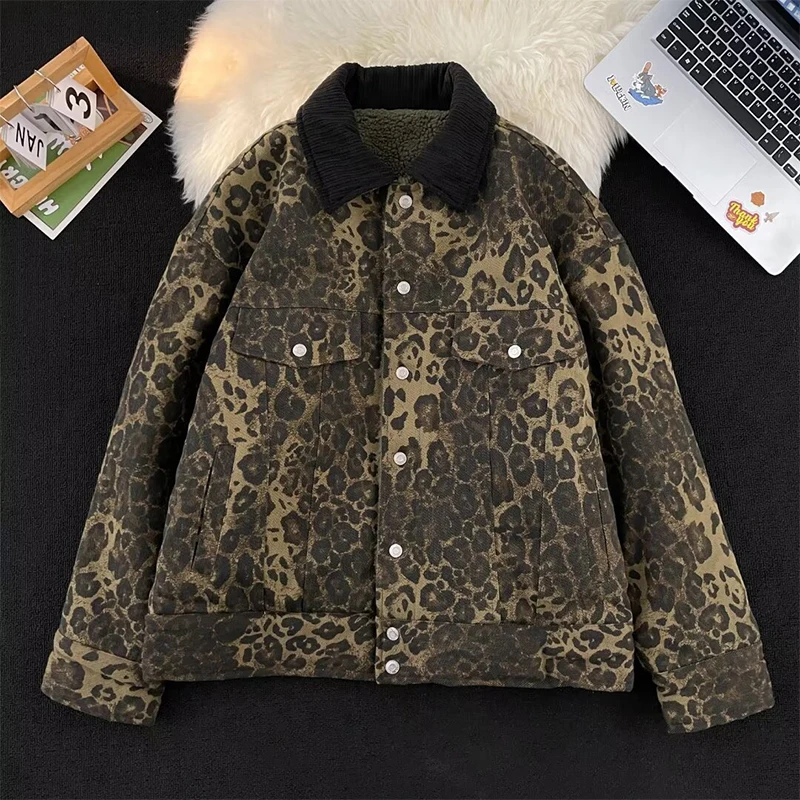 

HOUZHOU Leopard Padded Jacket Women Vintage Winter Trendy Double-sided Imitation Sherpa Coat American Loose Warm Parkas Hip Hop