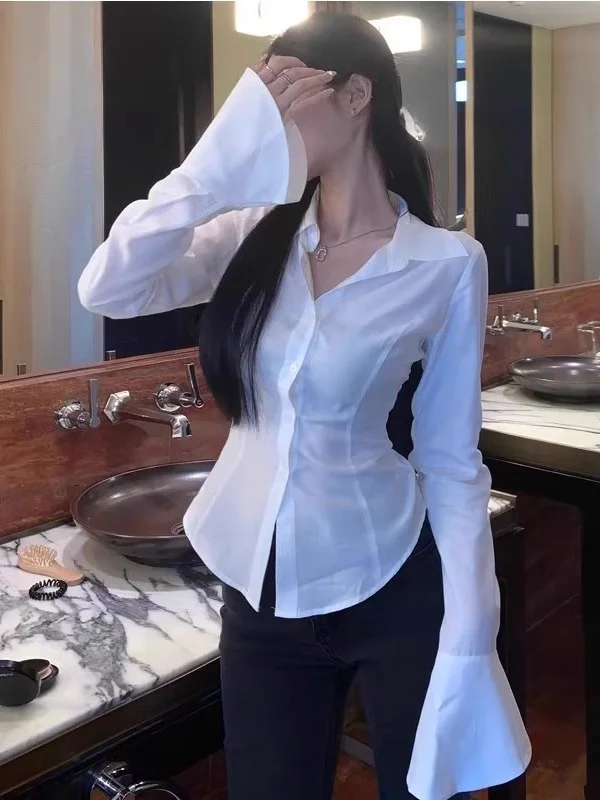 

Korean Sle White Pure Desire Tie irt Women Sexy Spicy Slim Fit irt Waist Cinching Slimming Top Collar Long Sve