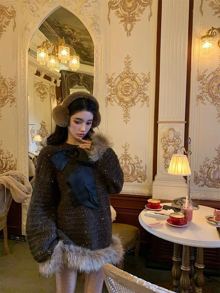 

Sweaters Jumpers Pullovers Woman Y2K White Wild Balloon Sleeve Coffee Tassels Weekend Lazy Lounging Cozy Comfort Winter Warm Fit