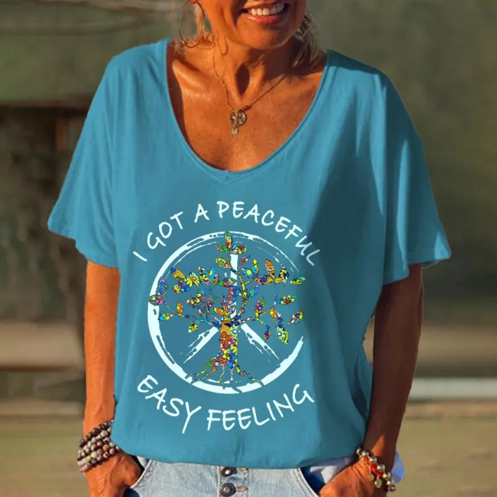 Rheaclots-Camisetas estampadas con estampado "I Got A Peaceful Easy Feeling" para mujer, camiseta Hippie estampada