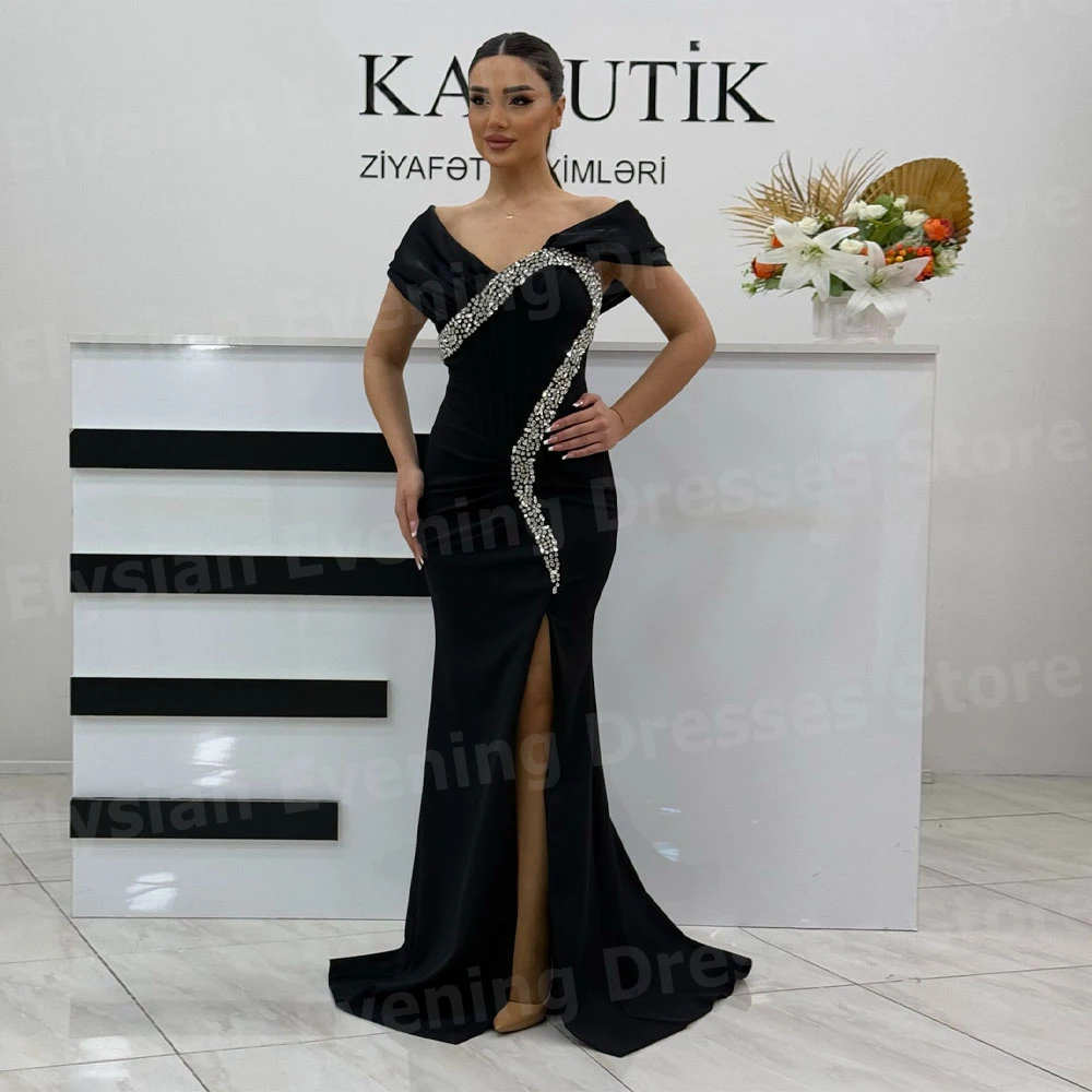 2025, elegante Damen-Meerjungfrau-Abendkleider, schulterfrei, mit Perlen verziert, maßgeschneiderte Abendkleider, ärmellos, Seitenschlitz, Vestido De Noche