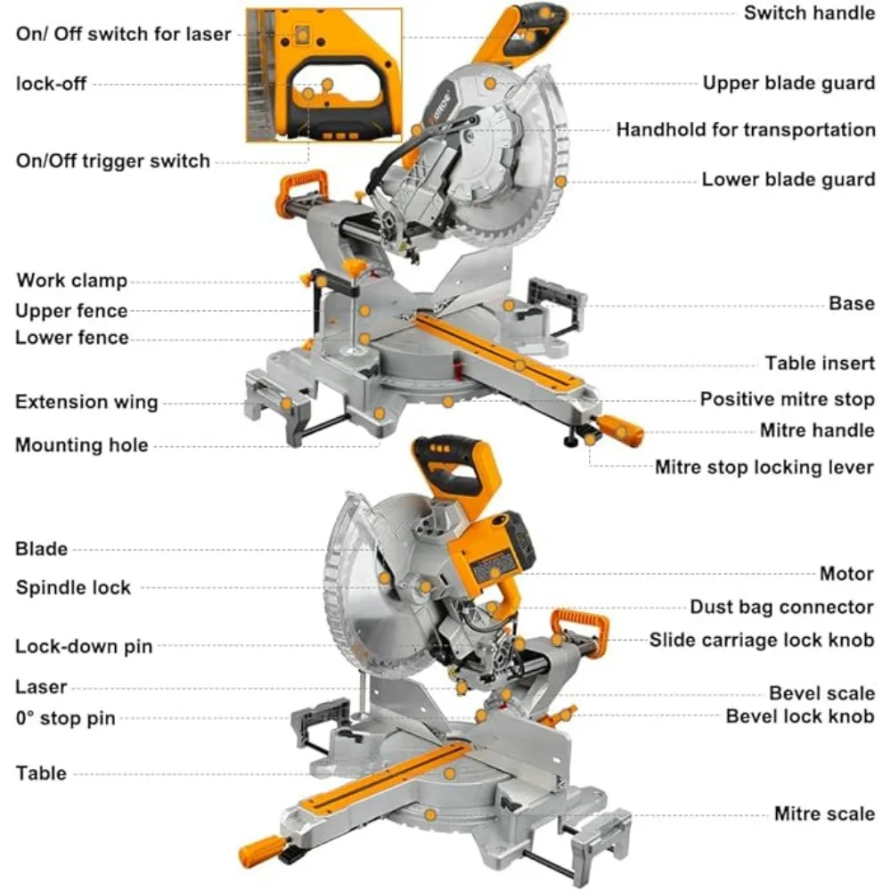 Sliding Miter Saw Dual Bevel Compound Chop Saw with Laser Guide 9 Positive Stops Table Saw for Woodworking with TCT Saw Blade