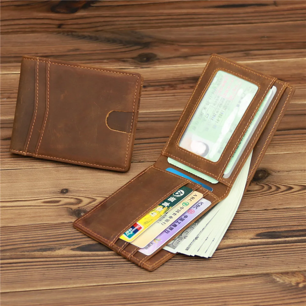1051 Men's Genuine Cowhide Crazy Horse Leather Wallet,Retro Top Layer Cowhide Wallet,Driver's License Multi Slot Card Bag
