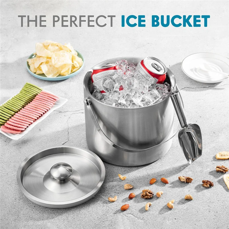 

Ice Bucket (3 Liter) Stainless Steel Double Wall Insulated Ice Bucket With Lid & Scoop, Ice Buckets For Parties, Handle