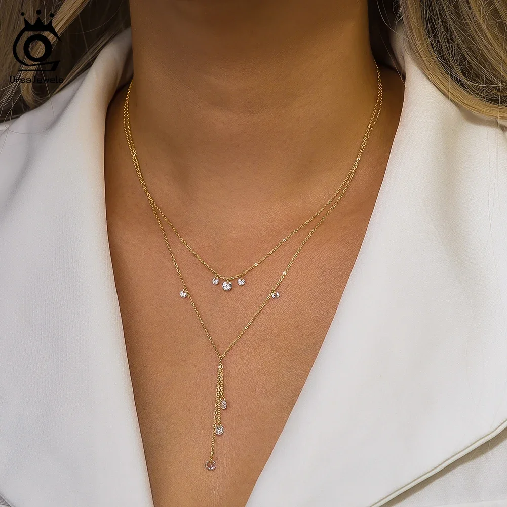 ORSA JEWELS Real 925 Silver Layered Necklace for Women Girls Vintage Stackable Cubic Zircon Chain Pendant Choker Jewelry BQN20