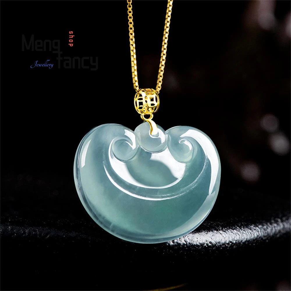 

Natural A-goods Jadeite Blue Water Ruyi 18K Gold Inlaid Ice Jade Pendant Simple High-grade Luxury Quality Jewelry Holiday Gifts