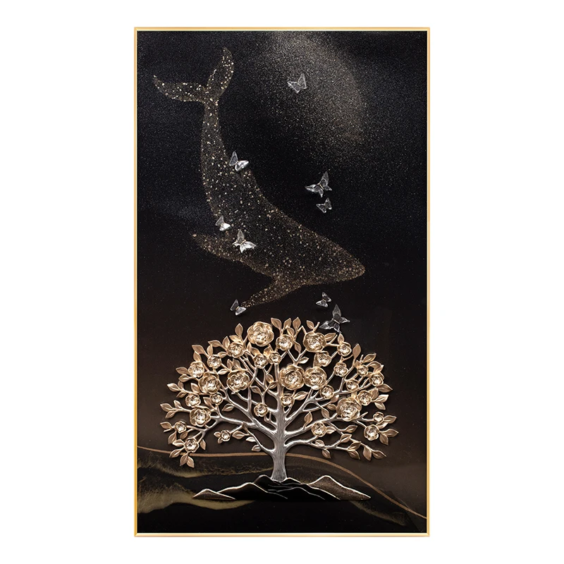 Whale And Butterfly Elements Modern Style Romantic Luxury Gold Tree Decoration Hanging 3D Painting For Home Wall Decor