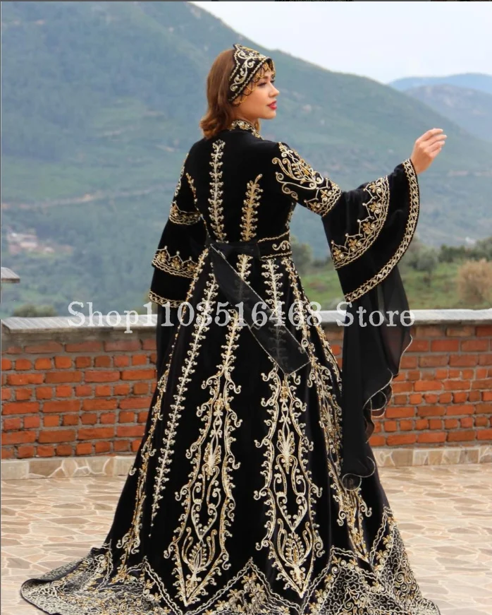 Black Middle Eastern Evening Dress with Placket Long Sleeve Luxurious Embroidered Arabian Bridal Dresses vestidos de noche