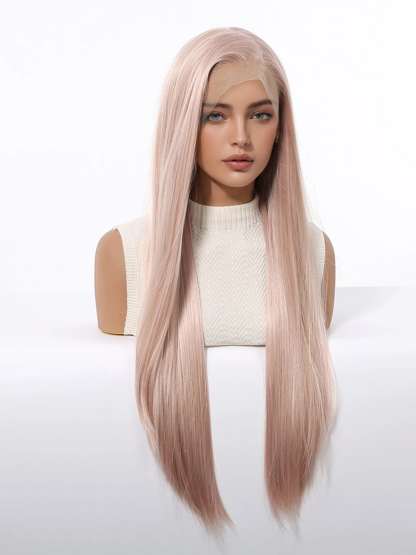 Long Straight Ash Pink 13x4 HD Lace Front Wig 30 Inch Glueless Synthetic Transparent Lace Frontal Wigs Pre Plucked Pastel Rose Gold for Women