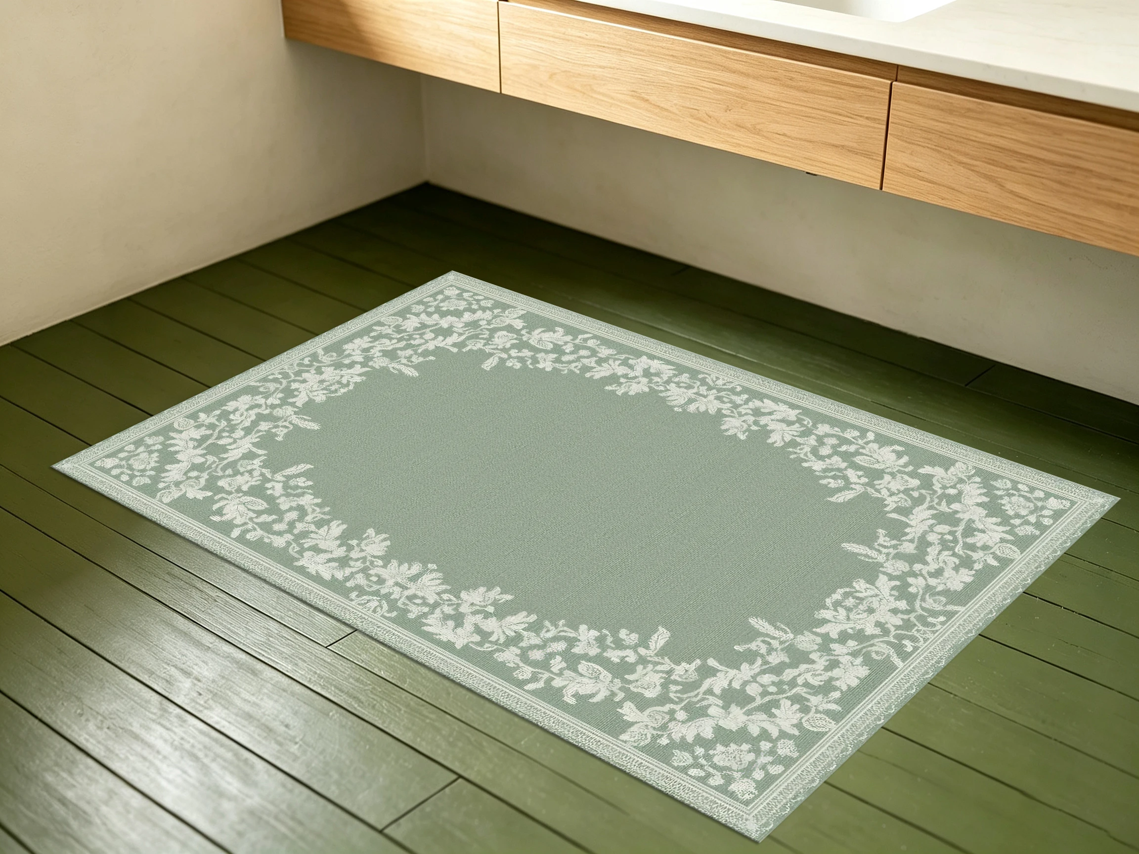 2D Carpet, Large 2D Carpet in Bean Green Color with a Border Featuring a French Light Luxury Floral Pattern   Soft and Skin-Friendly, Suitable for Living In…