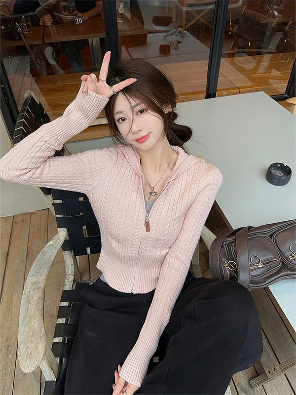 Koreanische Sle Hohe Taille ort Gestrickte Pullover Mantel Frauen Winter Oberbekleidung Süße Und Würzige Zipper Top mit Hut Strickwaren für Frauen