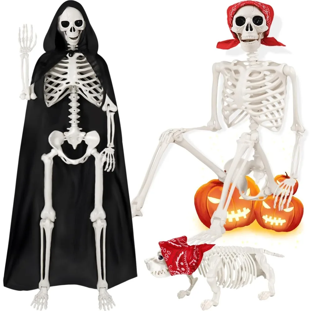 

Life Full Size Posable Skeleton with Skeleton Dog Black Cloak Bandana, Plastic Giant Skeleton Halloween Decoration