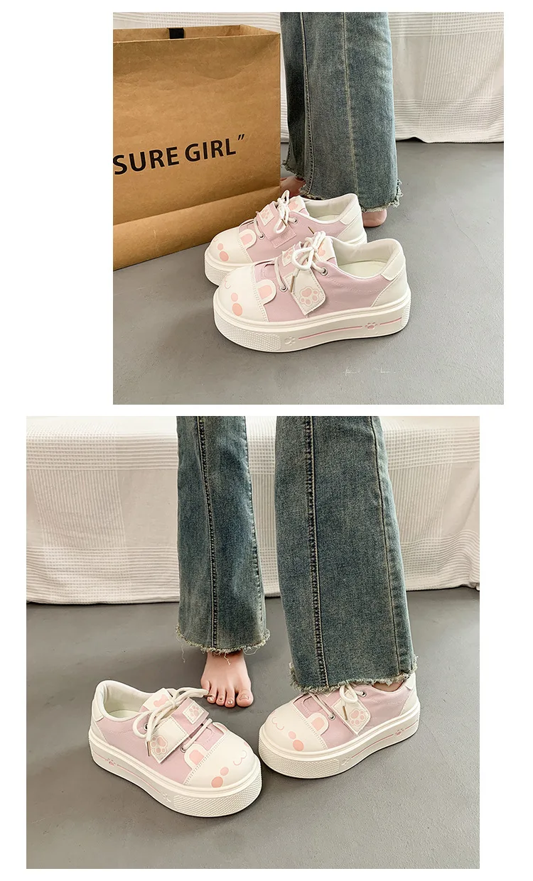 Kuschelige Katzenpfoten-Canvas-Schuhe, Schnür-Sneaker mit Kätzchen-Patchwork für Damen, Plateau-Schuhe aus Kunstleder, Lolita-Chunky-Trainer – Detail 11