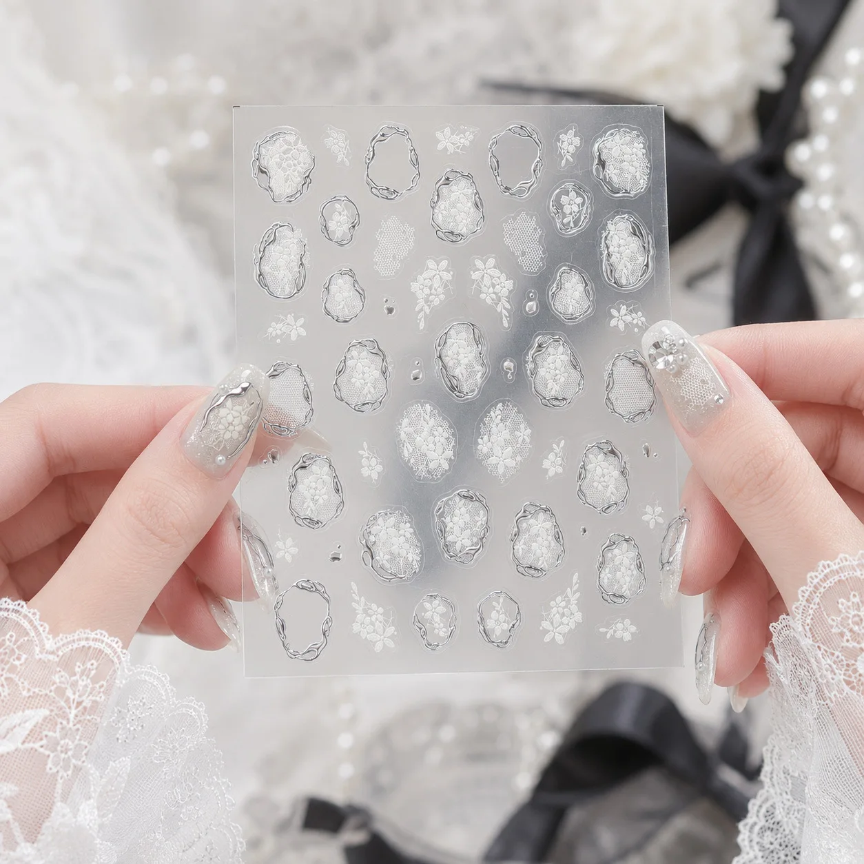 French Lace Retro 5D Nail Art Stickers Metal Rim Hollow Lace Mesh White Flower Water Drip Decal Self Adhesive Delicate Manicure view 2