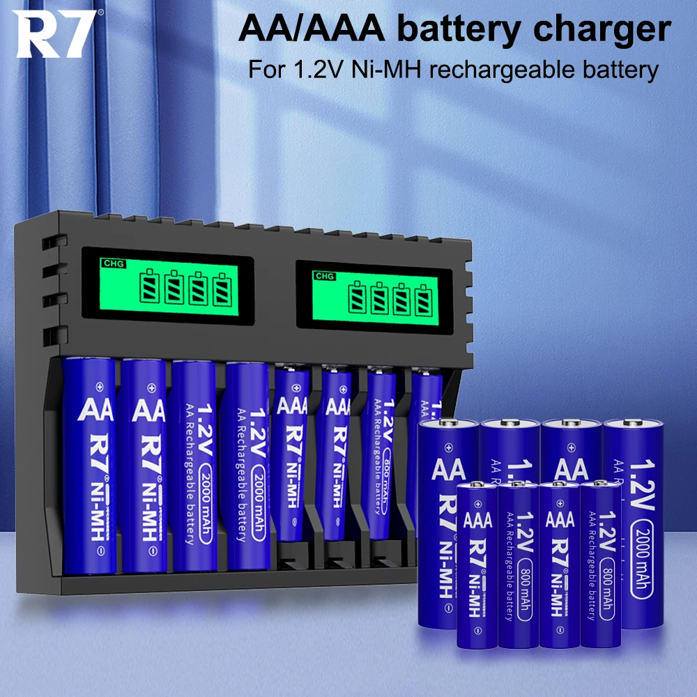 R7 4pcs AA and 4pcs AAA Rechargeable Battery 1.2V nimh AA Battery 2000mAh AAA Batteries 800mAh + 8 Slots Smart Battery Charger