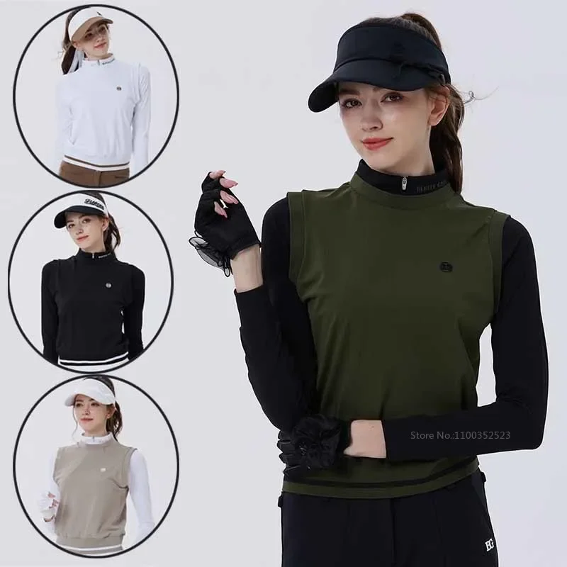 BG Fall/winter Golf Polo Shirts Women Slim Long-sleeved T-shirt Stand-up Collar Splicing Top Ladies Fake Two Pieces Golf Wear