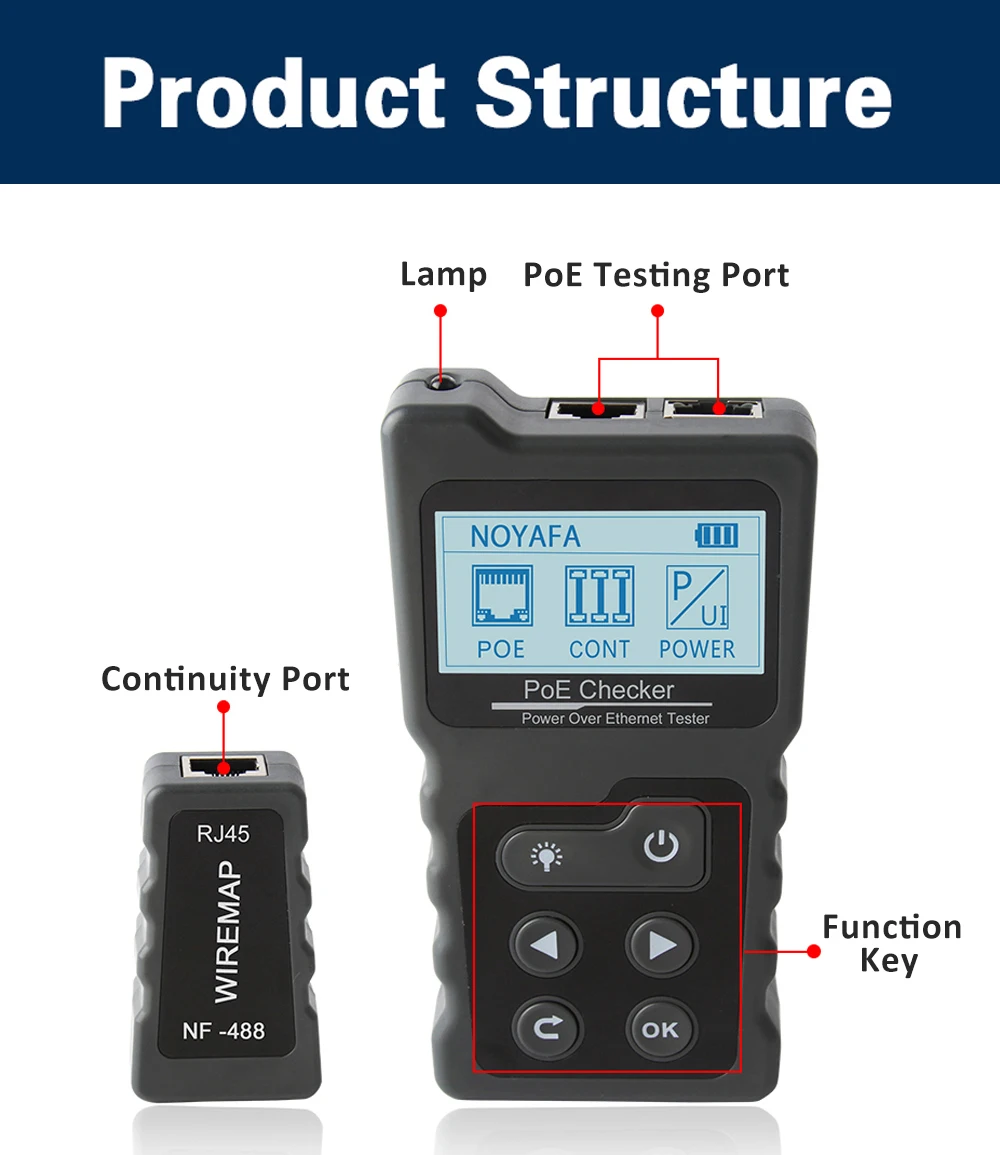 NOYAFA NF-488 LCD-Netzwerk-PoE-Tester für Ethernet Cat5 Cat6 LAN-Kabel, Schleifentestgerät – Detail 2
