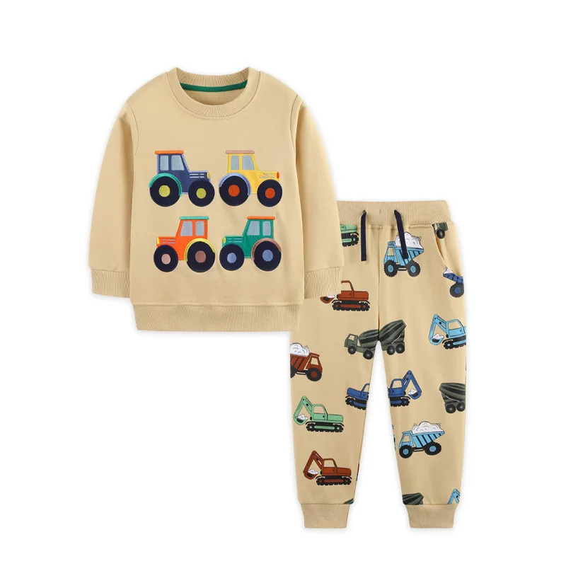 Toddler Boys 2Pcs Clothes Set 100% Cotton Tractor Embroidery Sweatshirt Engineering Print Jogger Pants Kids Casual Tracksuit