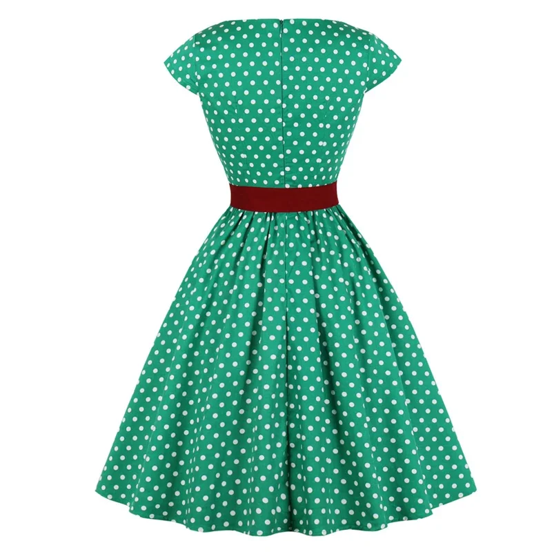 Green White Retro Polka Dot 1950s Rockabilly Pleated Belted Dress Cap Sleeve Summer Women High Waist Cotton Vintage Dresses