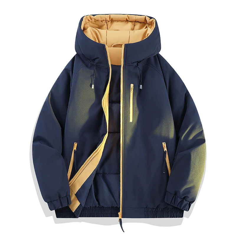 Men Women Winter Hooded Cotton Jacket Color Block Thick Warm Parka Windproof Casual Outerwear Couple Loose Padded Coat