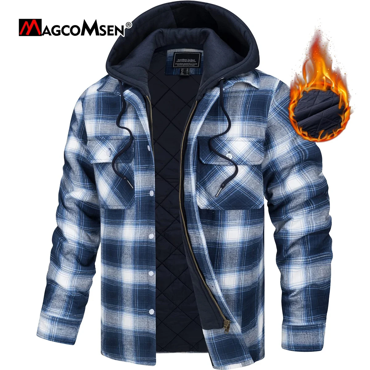 MAGCOMSEN Men's Flannel Jacket with Removable Hood 5 Pockets Plaid Quilted Lined Winter Coats Thick Hoodie Outwear Fleece Jacket