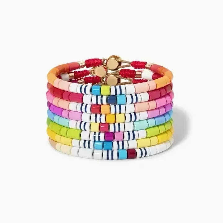 DIY Ladies Fashion Rainbow Enamel Bead Painting Oil Paint Bracelet Boho Hand Woven Charm Ladies Cuff Bracelet Jewelry Wholesale