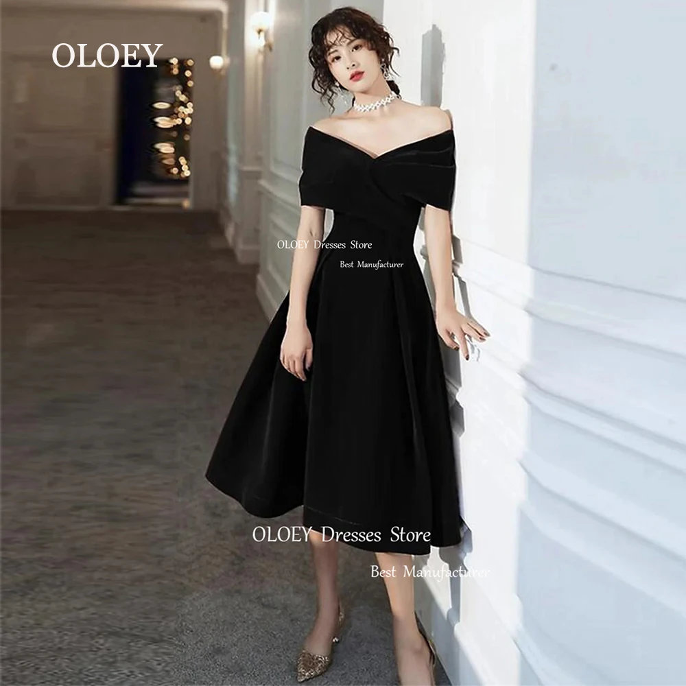 OLOEY Simple Black Velour Evening Dresses Wedding Photoshoot A-Line Off Shoulder Tea-Length Birthday Party Dresses Prom Dress